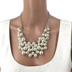 NY Collection Statement Necklace White Faux Pearl Beaded Bib Silver Tone Chain